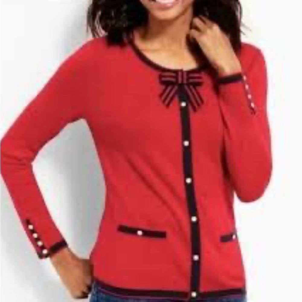 Talbots Red Bow Pearl Pocketed Soft Cardigan Sweater sz M